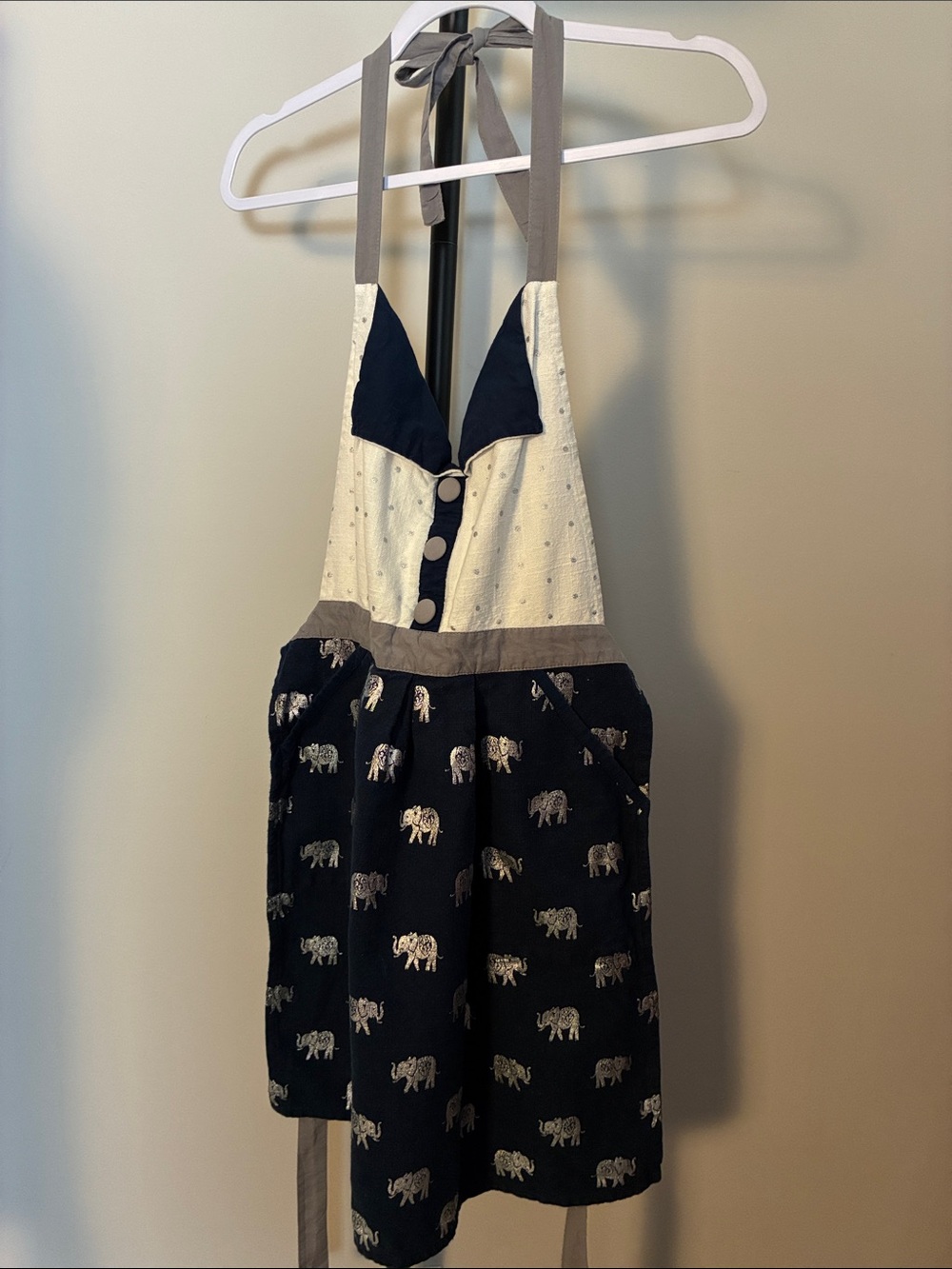 Cynthia Rowley Elephant Metallic Print Apron Dress in Navy Blue White One Size